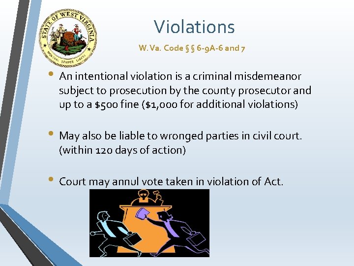 Violations W. Va. Code § § 6 -9 A-6 and 7 • An intentional