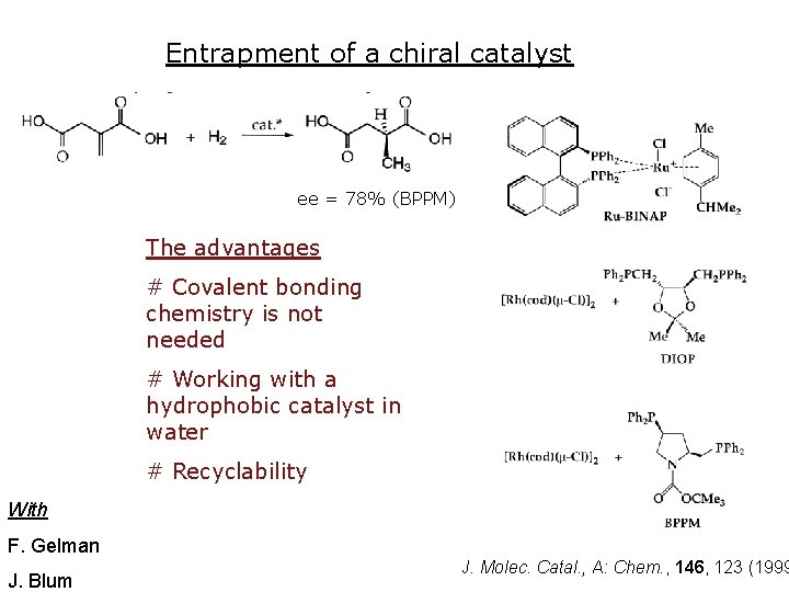 Entrapment of a chiral catalyst ee = 78% (BPPM) The advantages # Covalent bonding