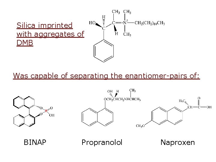 Silica imprinted with aggregates of DMB Was capable of separating the enantiomer-pairs of: BINAP