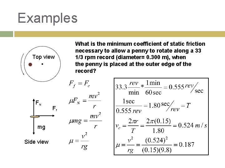 Examples Top view FN mg Side view Ff What is the minimum coefficient of