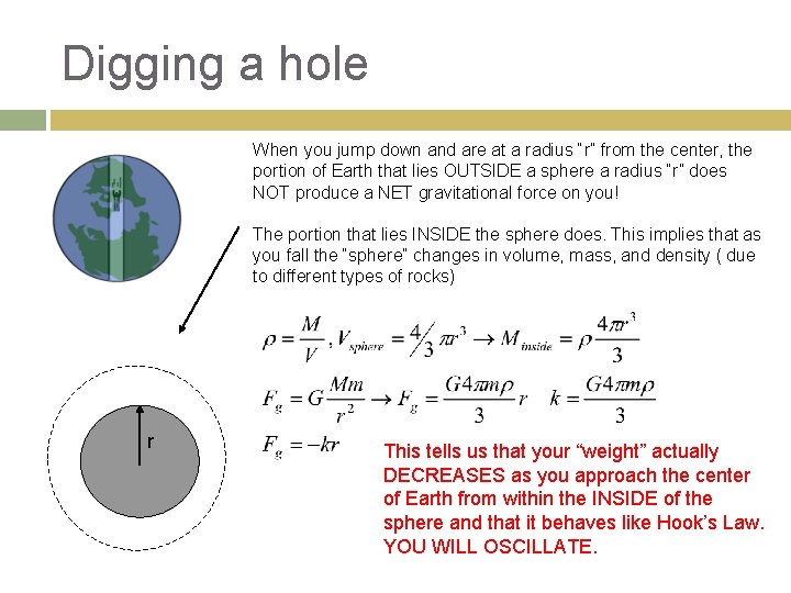 Digging a hole When you jump down and are at a radius “r” from