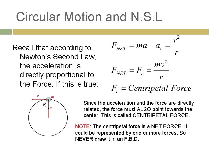 Circular Motion and N. S. L Recall that according to Newton’s Second Law, the