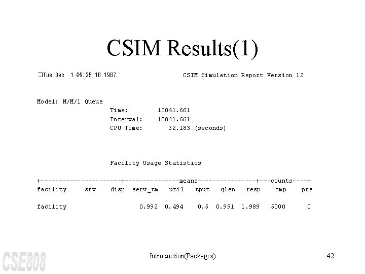 CSIM Results(1) �Tue Dec 1 09: 25: 18 1987 CSIM Simulation Report Version 12