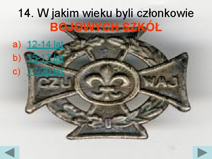 14. W jakim wieku byli członkowie BOJOWYCH SZKÓŁ a) 12 -14 lat b) 15