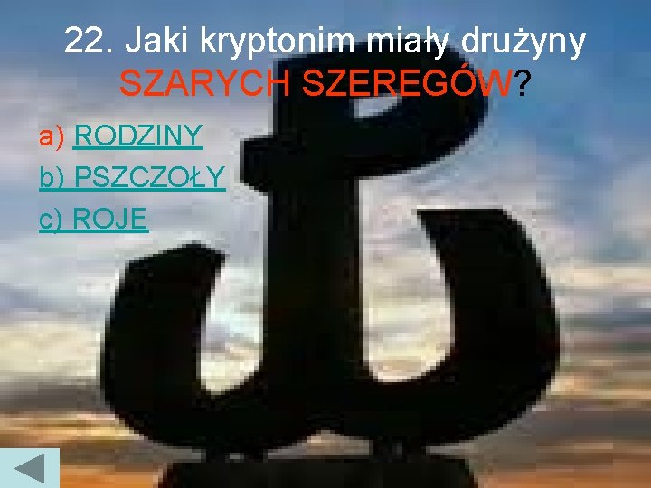 22. Jaki kryptonim miały drużyny SZARYCH SZEREGÓW? a) RODZINY b) PSZCZOŁY c) ROJE 