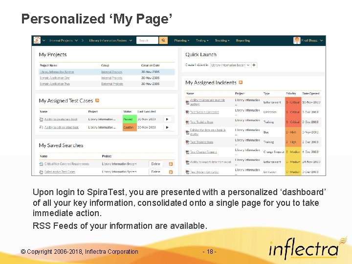 Personalized ‘My Page’ Upon login to Spira. Test, you are presented with a personalized Personalized ‘My Page’ Upon login to Spira. Test, you are presented with a personalized