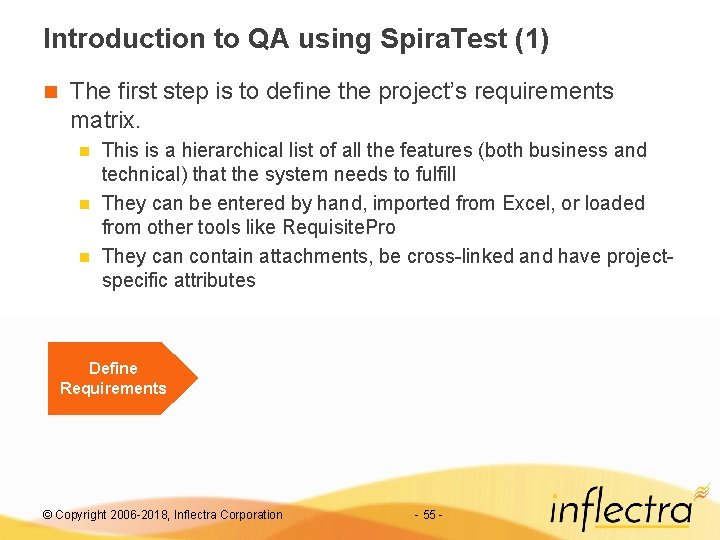 Introduction to QA using Spira. Test (1) n The first step is to define
