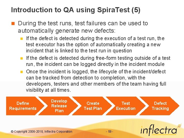 Introduction to QA using Spira. Test (5) n During the test runs, test failures