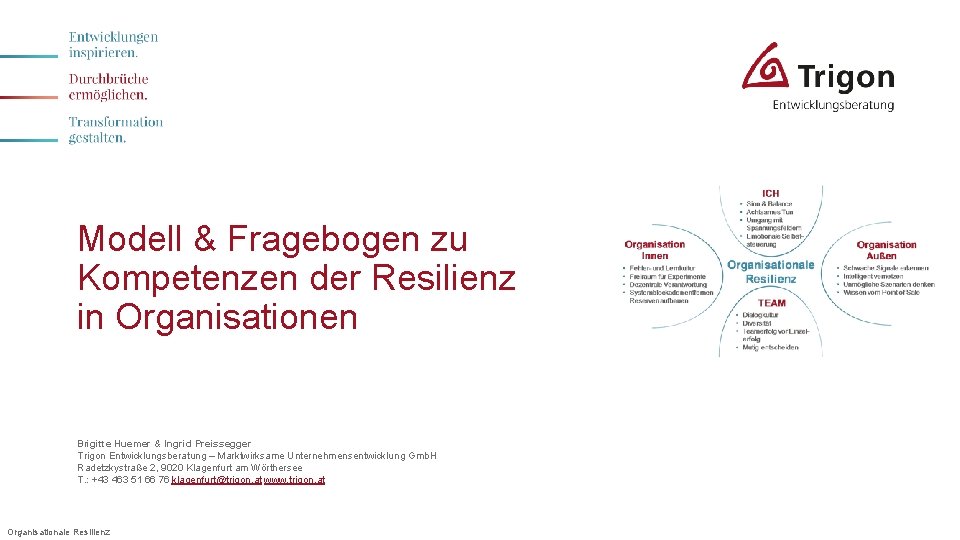 Modell & Fragebogen zu Kompetenzen der Resilienz in Organisationen Brigitte Huemer & Ingrid Preissegger