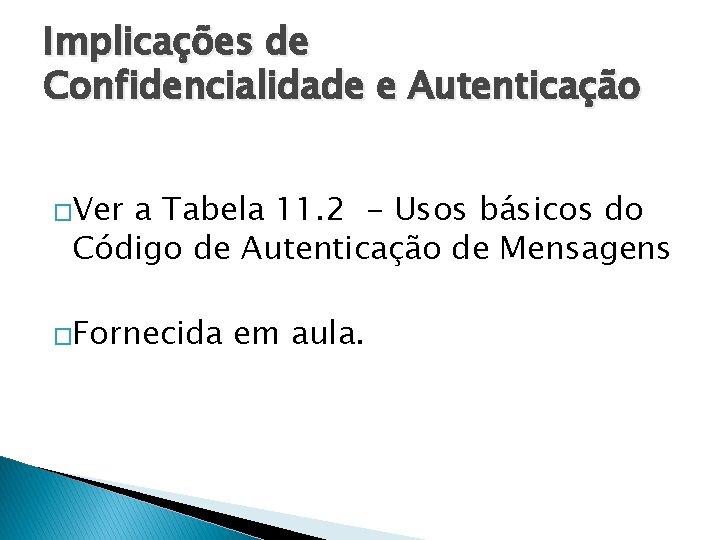 Implicações de Confidencialidade e Autenticação �Ver a Tabela 11. 2 - Usos básicos do