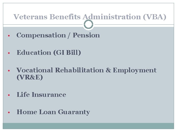 Veterans Benefits Administration (VBA) • Compensation / Pension • Education (GI Bill) • Vocational