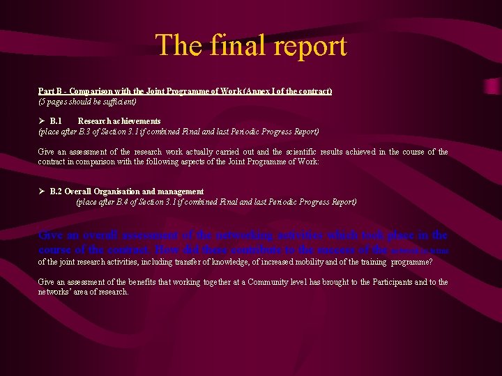 The final report Part B - Comparison with the Joint Programme of Work (Annex