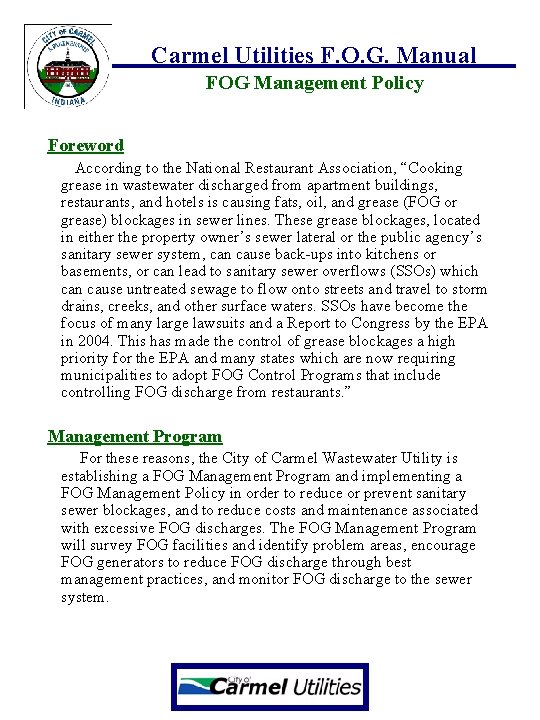 Carmel Utilities F. O. G. Manual FOG Management Policy Foreword According to the National