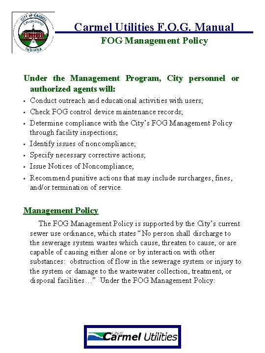 Carmel Utilities F. O. G. Manual FOG Management Policy Under the Management Program, City