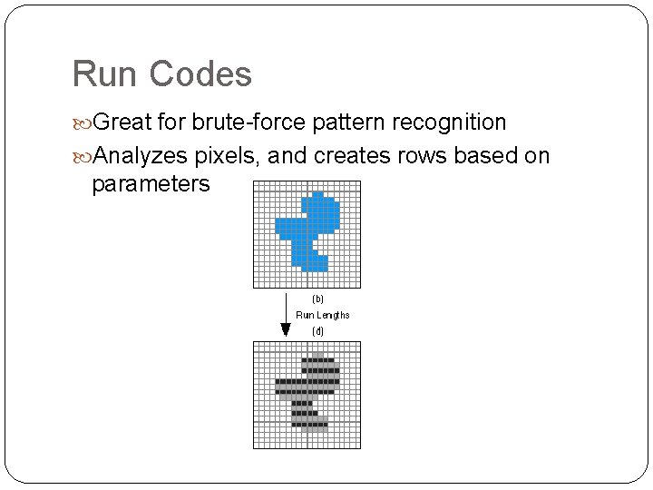 Run Codes Great for brute-force pattern recognition Analyzes pixels, and creates rows based on Run Codes Great for brute-force pattern recognition Analyzes pixels, and creates rows based on