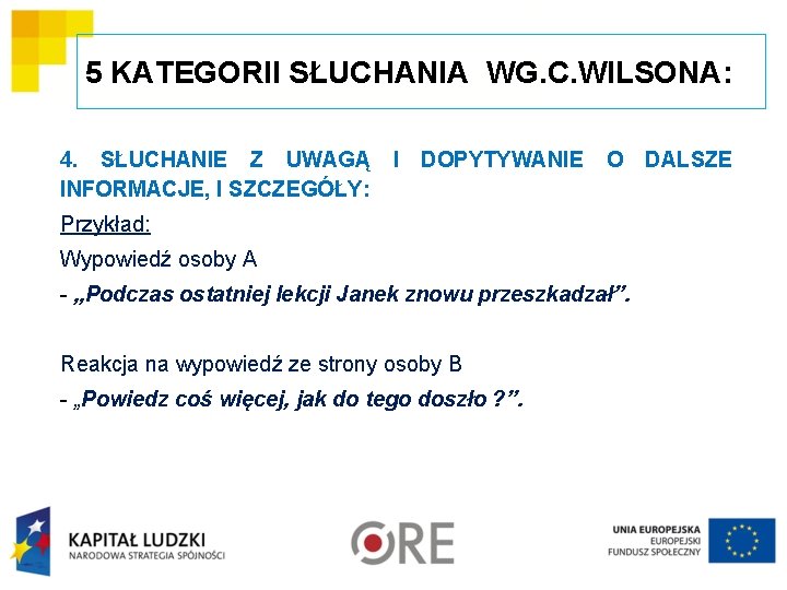 5 KATEGORII SŁUCHANIA WG. C. WILSONA: 4. SŁUCHANIE Z UWAGĄ I DOPYTYWANIE O DALSZE 5 KATEGORII SŁUCHANIA WG. C. WILSONA: 4. SŁUCHANIE Z UWAGĄ I DOPYTYWANIE O DALSZE