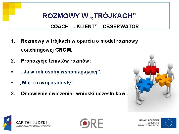ROZMOWY W „TRÓJKACH” COACH – „KLIENT” – OBSERWATOR 1. Rozmowy w trójkach w oparciu ROZMOWY W „TRÓJKACH” COACH – „KLIENT” – OBSERWATOR 1. Rozmowy w trójkach w oparciu