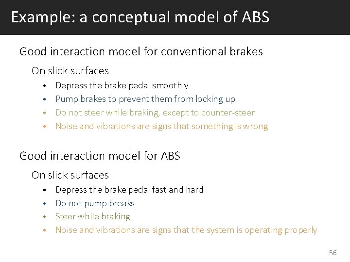 Example: a conceptual model of ABS Good interaction model for conventional brakes On slick