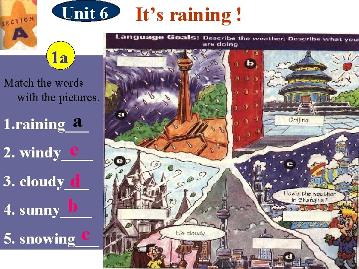 Unit 6 1 a Match the words with the pictures. a 1. raining___ e