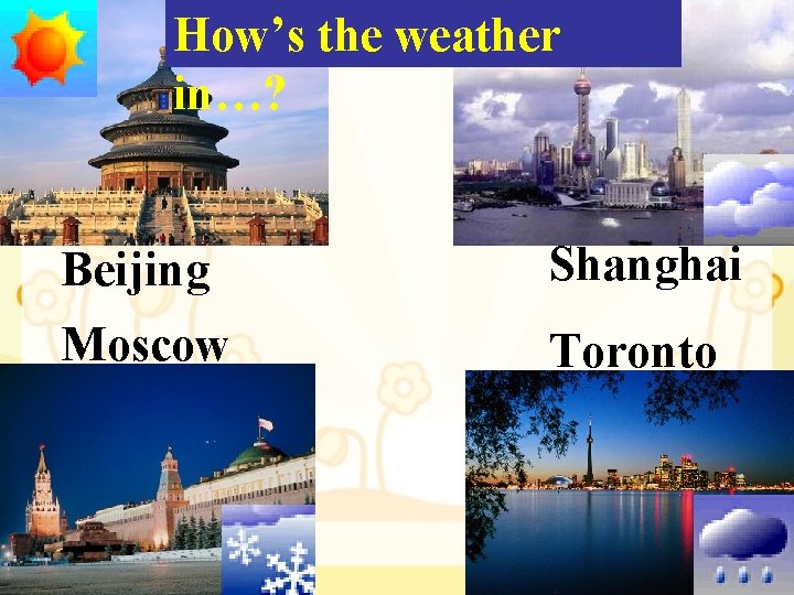 How’s the weather in…? Beijing Shanghai Moscow Toronto 