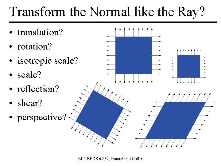 Transform the Normal like the Ray? • • translation? rotation? isotropic scale? reflection? shear?