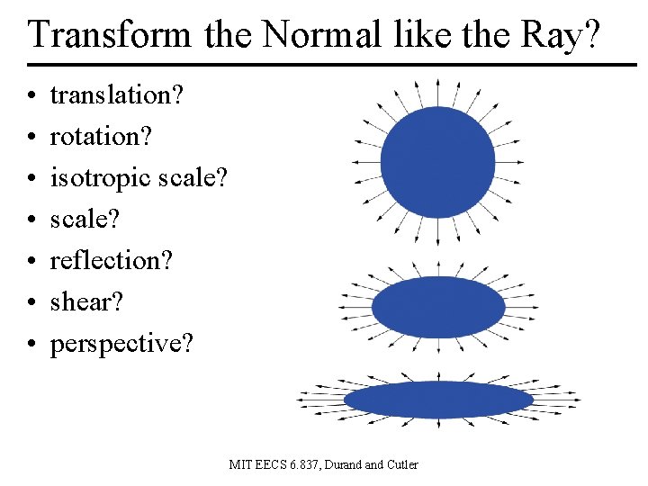 Transform the Normal like the Ray? • • translation? rotation? isotropic scale? reflection? shear?