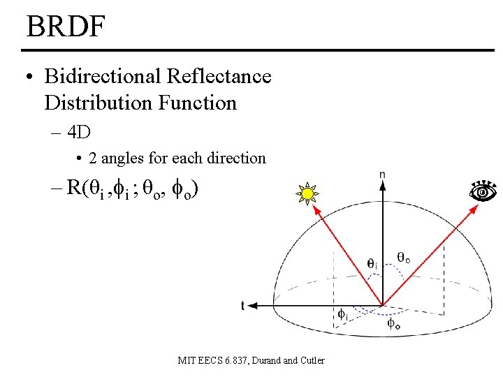 BRDF • Bidirectional Reflectance Distribution Function – 4 D • 2 angles for each