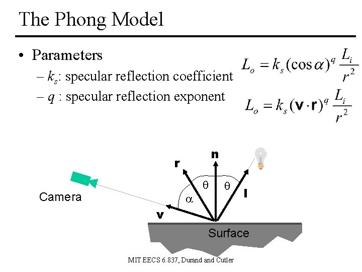 The Phong Model • Parameters – ks: specular reflection coefficient – q : specular