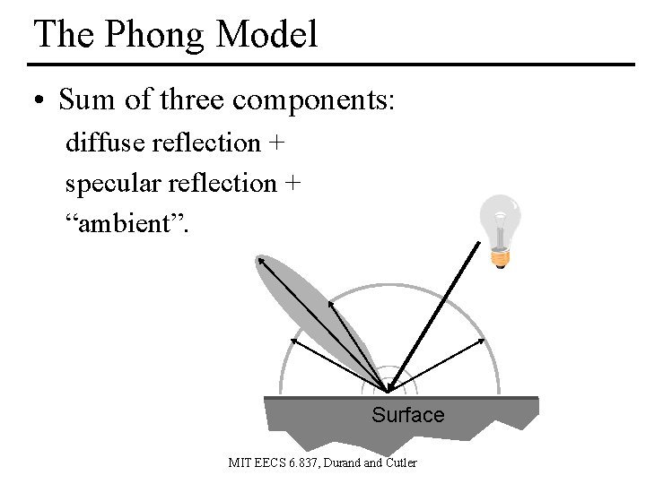 The Phong Model • Sum of three components: diffuse reflection + specular reflection +