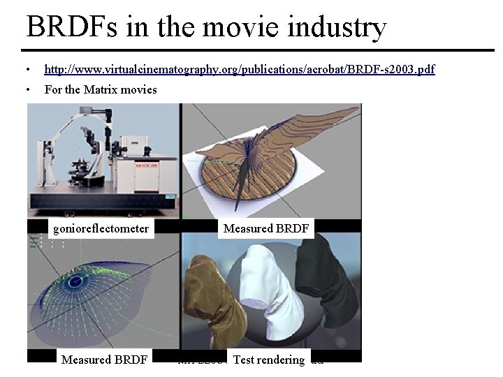 BRDFs in the movie industry • http: //www. virtualcinematography. org/publications/acrobat/BRDF-s 2003. pdf • For