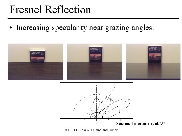 Fresnel Reflection • Increasing specularity near grazing angles. Source: Lafortune et al. 97 MIT