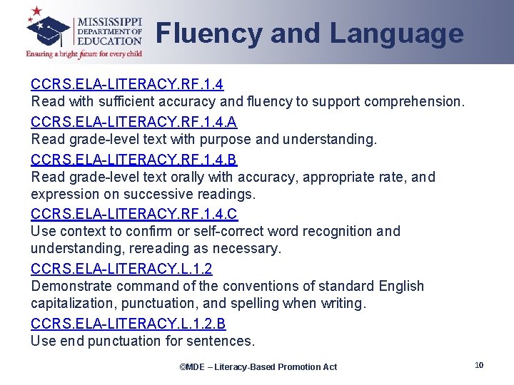 Fluency and Language CCRS. ELA-LITERACY. RF. 1. 4 Read with sufficient accuracy and fluency