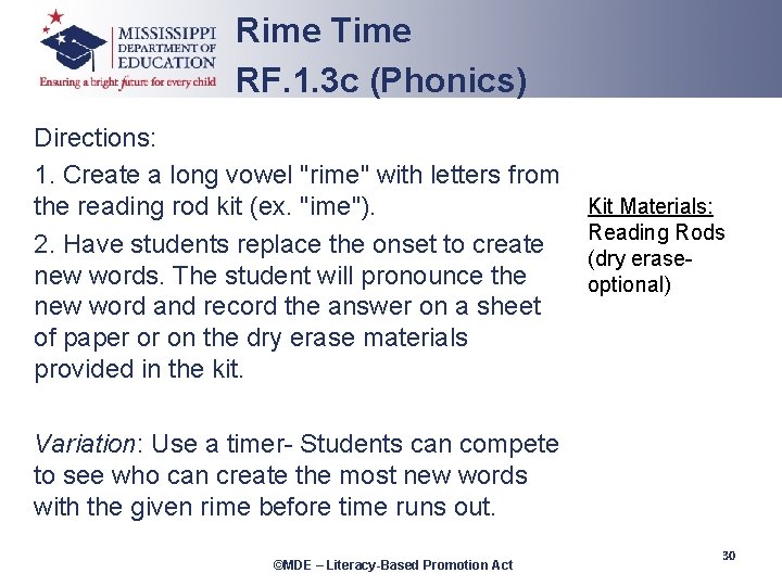 Rime Time RF. 1. 3 c (Phonics) Directions: 1. Create a long vowel "rime"