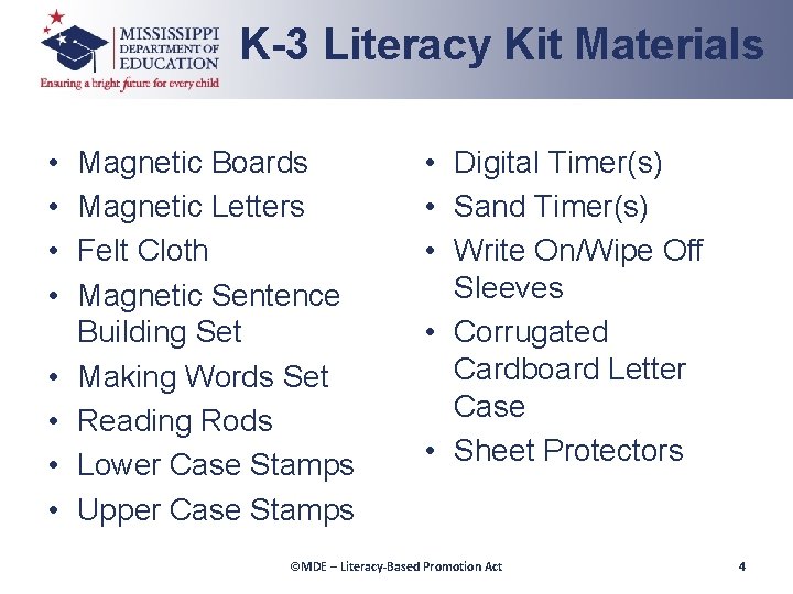 K-3 Literacy Kit Materials • • Magnetic Boards Magnetic Letters Felt Cloth Magnetic Sentence