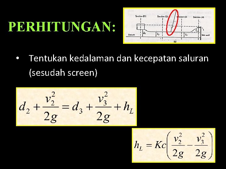 PERHITUNGAN: • Tentukan kedalaman dan kecepatan saluran (sesudah screen) 