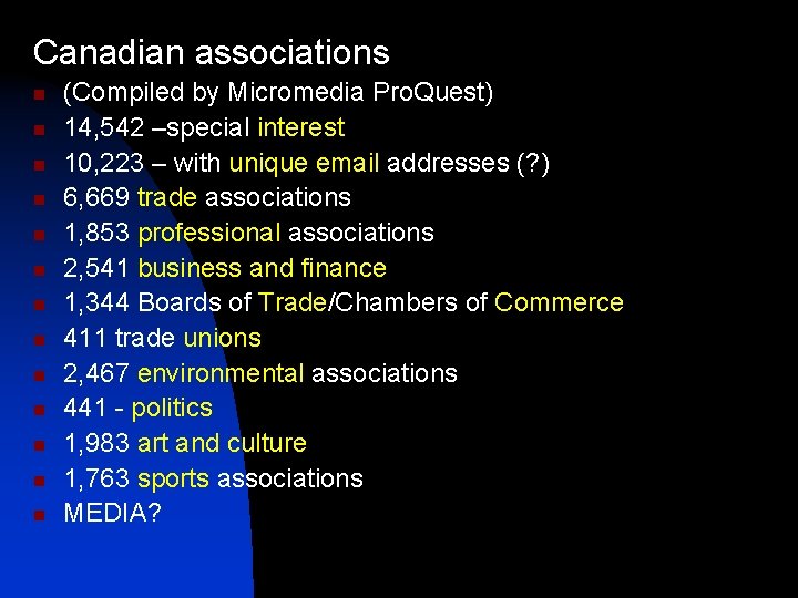 Canadian associations n n n n (Compiled by Micromedia Pro. Quest) 14, 542 –special