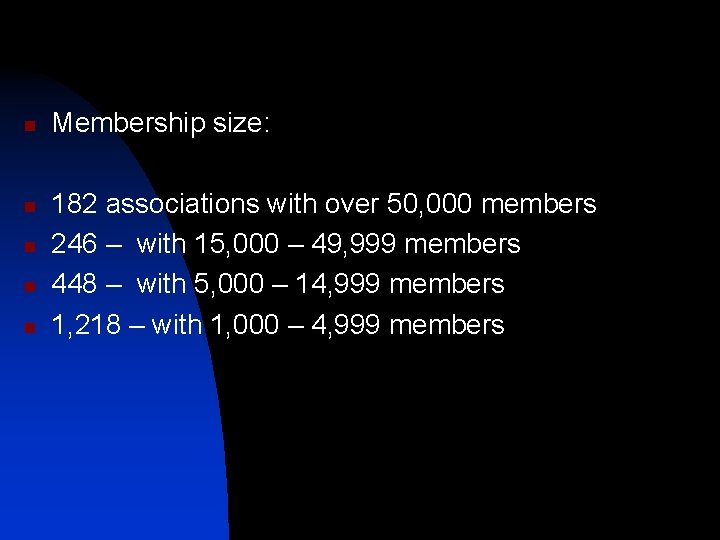 n n n Membership size: 182 associations with over 50, 000 members 246 –