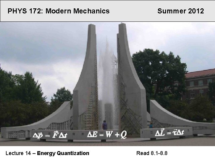 PHYS 172: Modern Mechanics Lecture 14 – Energy Quantization Summer 2012 Read 8. 1