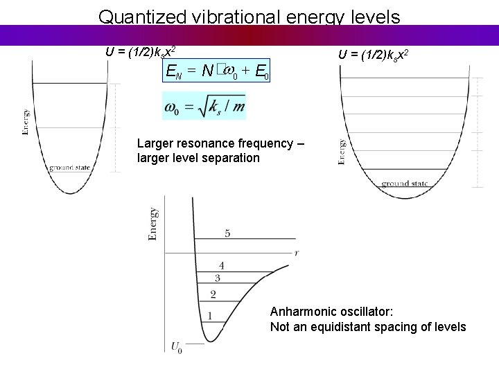 Quantized vibrational energy levels U = (1/2)ksx 2 EN = N w 0 +