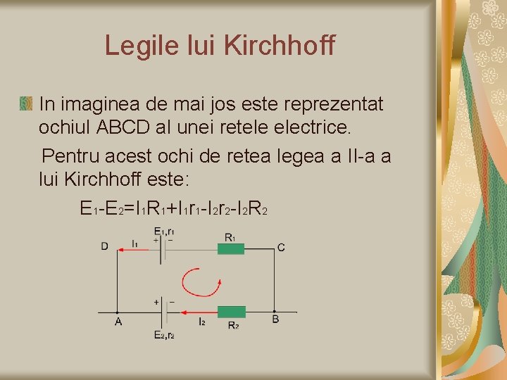 Legile lui Kirchhoff In imaginea de mai jos este reprezentat ochiul ABCD al unei