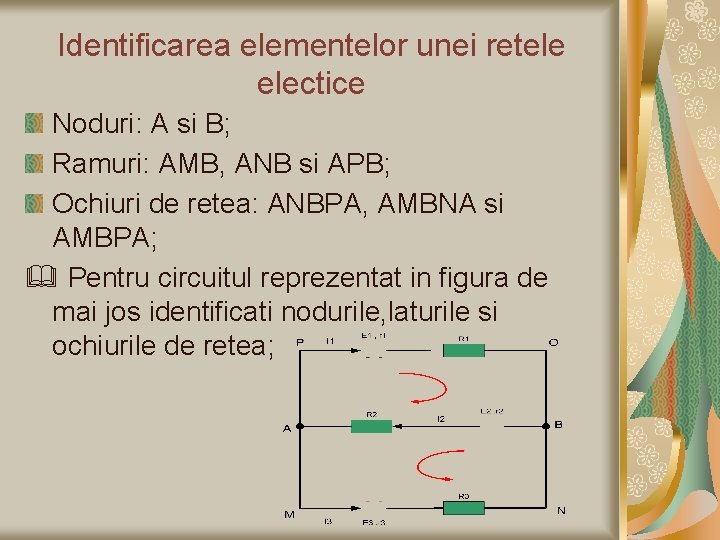 Identificarea elementelor unei retele electice Noduri: A si B; Ramuri: AMB, ANB si APB;
