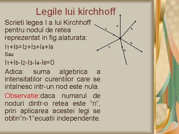 Legile lui kirchhoff Scrieti legea I a lui Kirchhoff pentru nodul de retea reprezentat