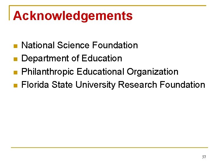 Acknowledgements National Science Foundation Department of Education Philanthropic Educational Organization Florida State University Research