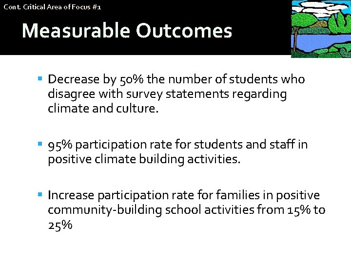 Cont. Critical Area of Focus #1 Measurable Outcomes Decrease by 50% the number of