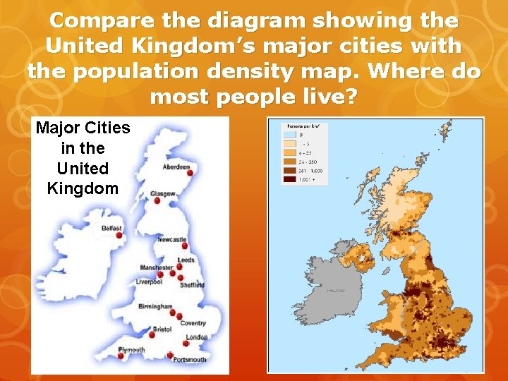 Compare the diagram showing the United Kingdom’s major cities with the population density map.
