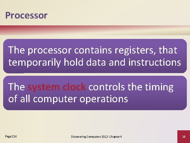 Processor The processor contains registers, that temporarily hold data and instructions The system clock