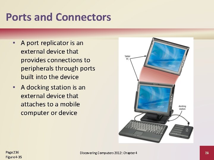 Ports and Connectors • A port replicator is an external device that provides connections