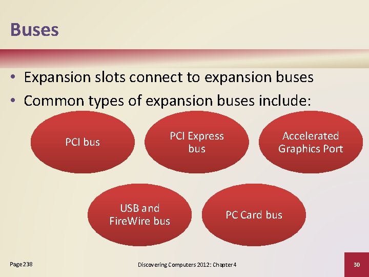 Buses • Expansion slots connect to expansion buses • Common types of expansion buses