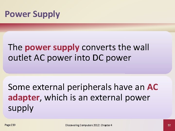 Power Supply The power supply converts the wall outlet AC power into DC power