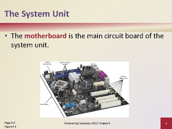 The System Unit • The motherboard is the main circuit board of the system